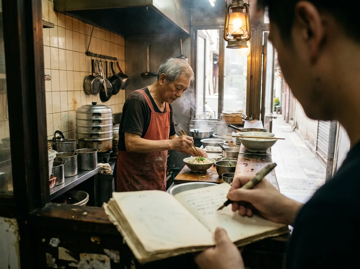 編輯與店主在小餐館裡交談